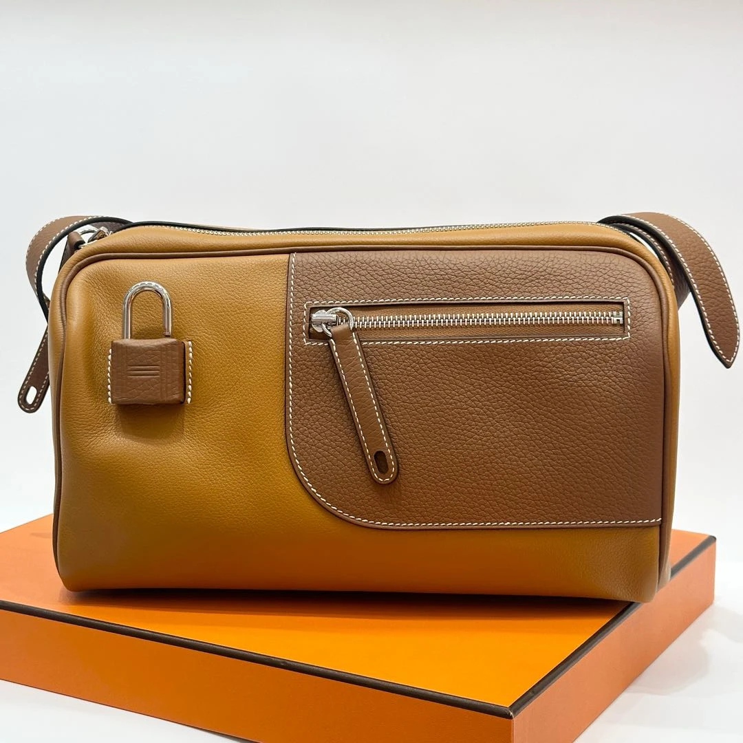 99新爱马仕 Hermes Nouveau OnBody肩背包 太妃拼金棕tc拼ec皮B刻