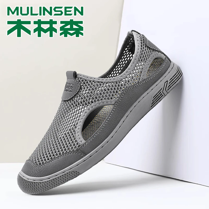 木林森2025男鞋休闲一脚蹬透气薄款轻便软底轻薄防滑洞洞男网面鞋