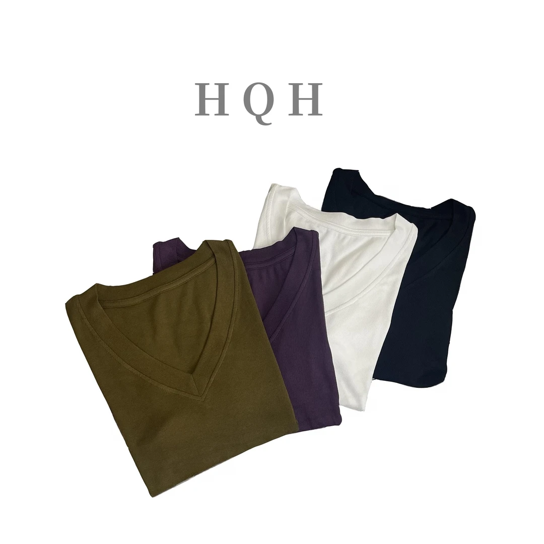 韩版夏季V领简约大气微胖显瘦休闲短袖T恤6060#