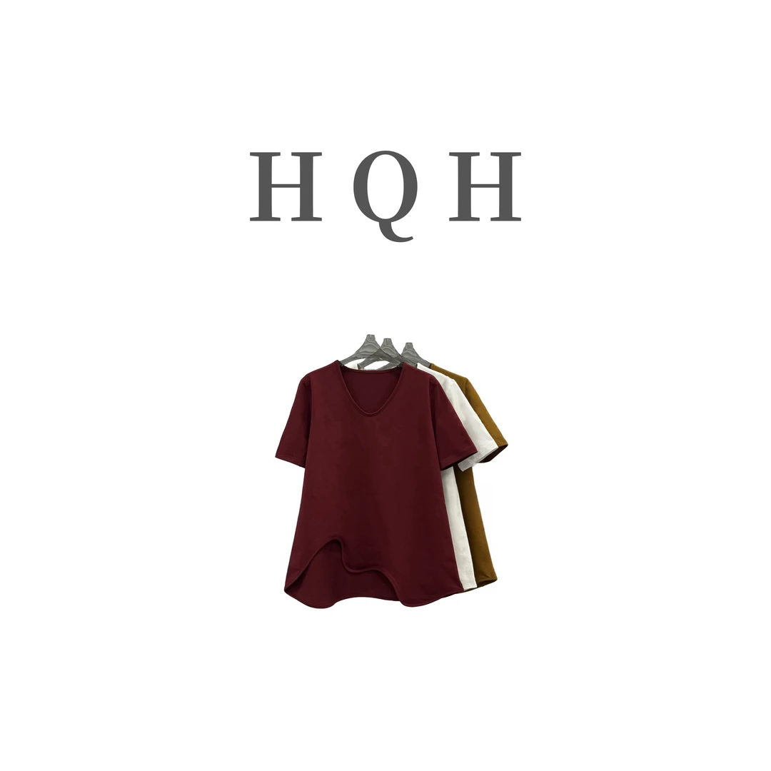 新款洋气简约时尚不规则下摆波浪边显瘦百搭V领短袖777#