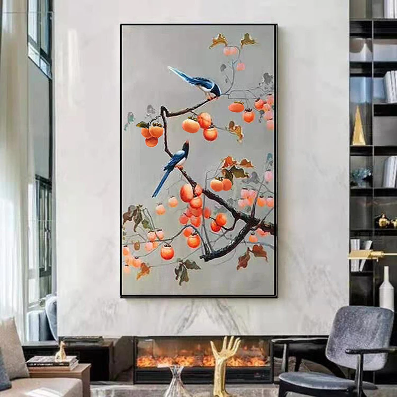 （柿柿如意）新中式入户玄关装饰画纯手绘油画柿子走廊尽头挂画