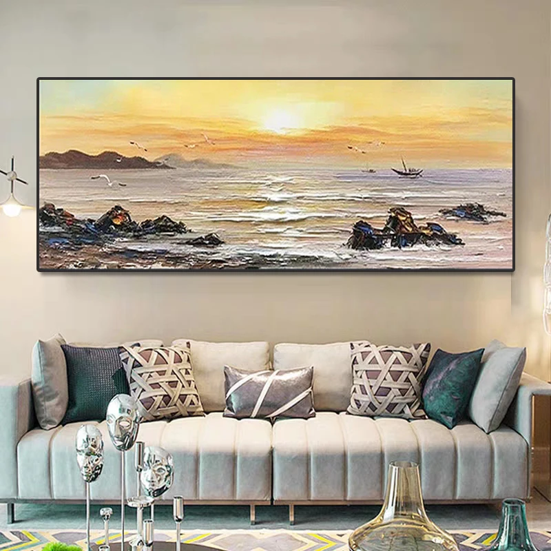 （日出）纯手绘油画客厅装饰画沙发背景墙挂画现代简约蓝色海景