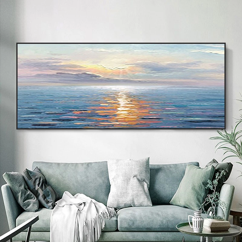 纯手绘油画客厅装饰画沙发背景墙挂画现代简约蓝色海景日出纯手工