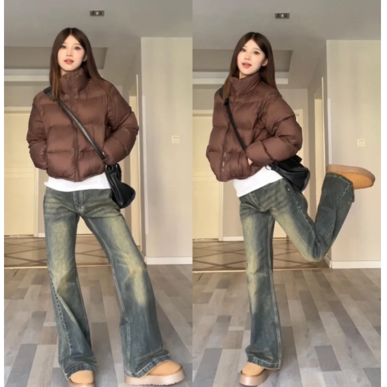 【现货】美拉德咖色棉服女秋冬季短款立领面包服外套加厚保暖棉衣