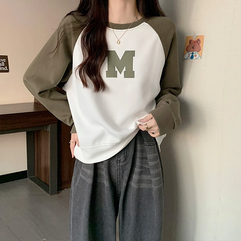 设计感撞色圆领落肩卫衣女春秋2023新款宽松慵懒套头oversize上衣