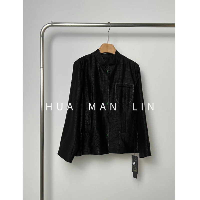 【花滿林】小立领玉石扣明线贴布30MM真丝桑蚕丝龟裂纹外套8150