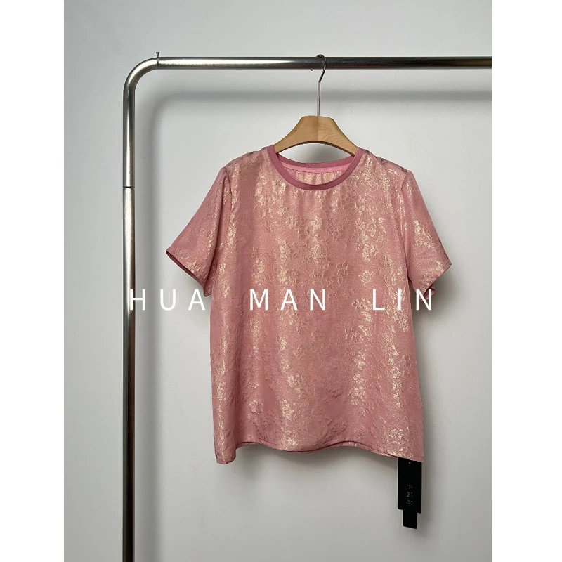 花滿林圆领烫金工艺冠乐绉真丝桑蚕丝正肩上衣8271