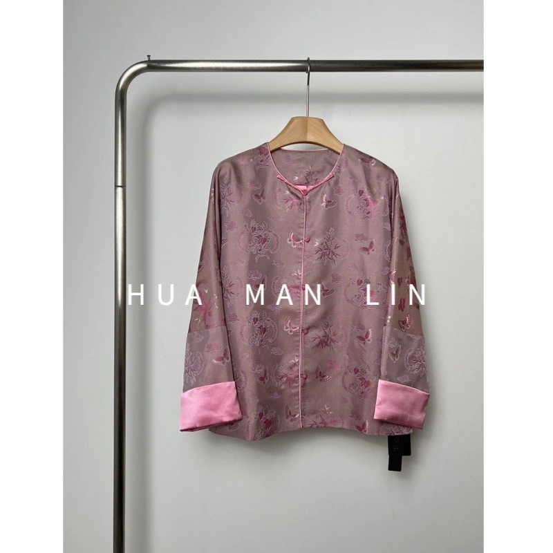 花滿林圆领手工盘扣异色罗真丝桑蚕丝卷袖外套8118