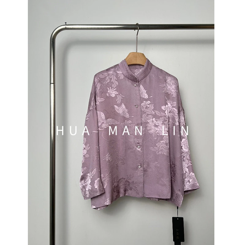 花滿林小立领玉石扣定染色提花花罗真丝桑蚕丝落肩上衣8211