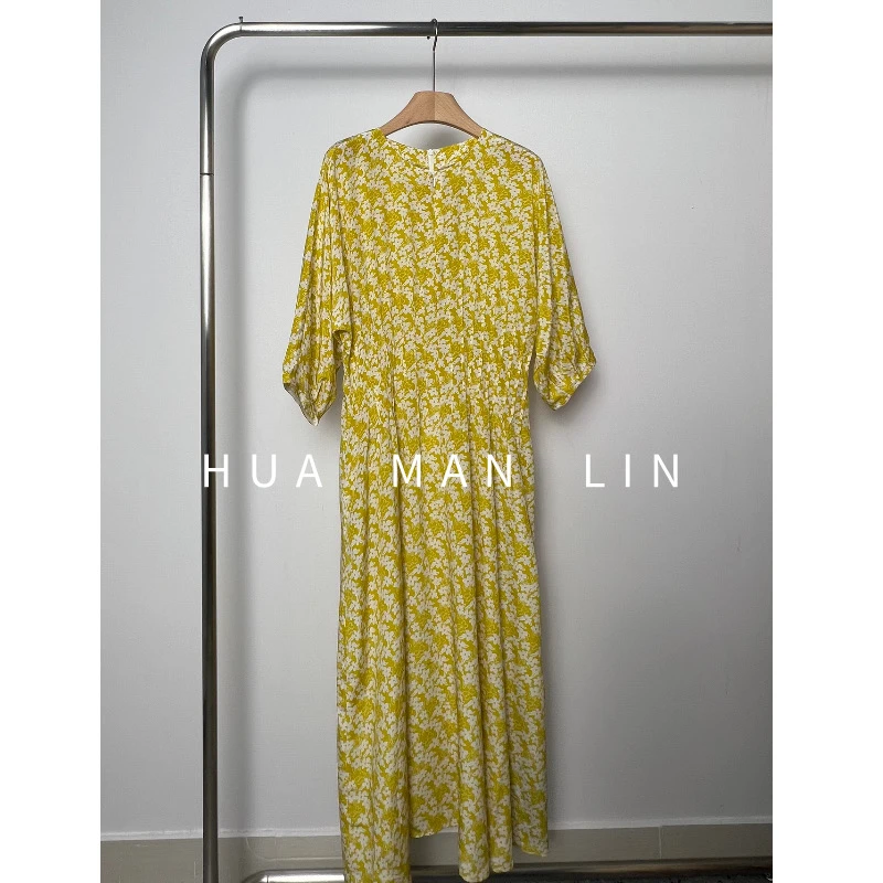 花滿林‘故事里的小黄花’手工打条26MM双绉真丝桑蚕丝连衣裙8563