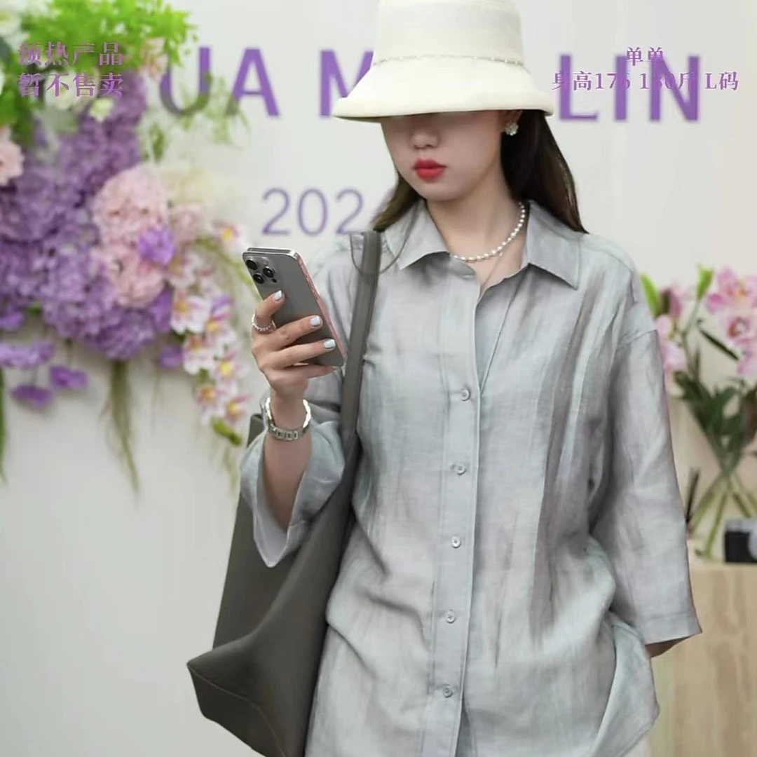 花滿林翻领阔版定染色普洗+酵洗工艺亚麻上衣8398