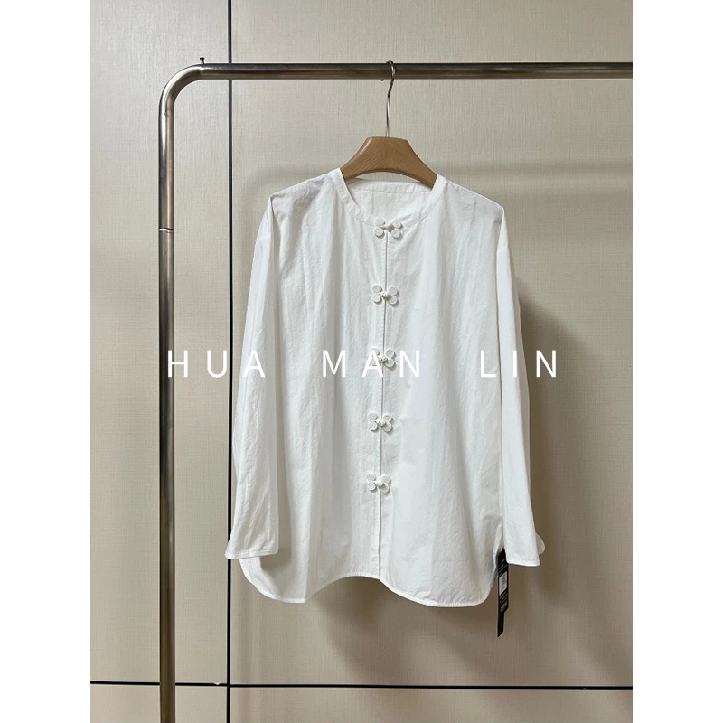 花滿林圆领盘扣匹马棉白色上衣245424