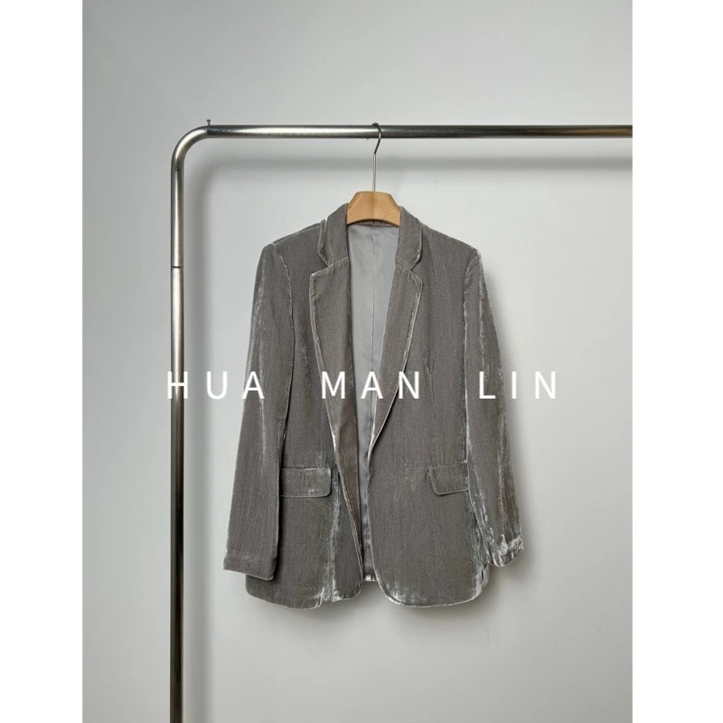 花滿林无扣贴袋定染色真丝桑蚕丝丝绒西装上衣【有垫肩】8210
