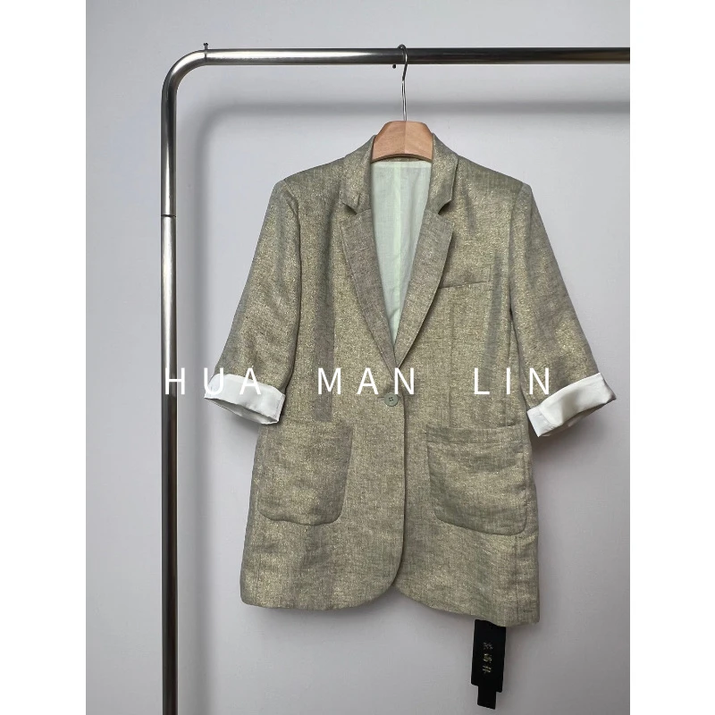 【花滿林】一粒扣正肩两侧口袋普洗+酵洗工艺亚麻四分袖上衣8516