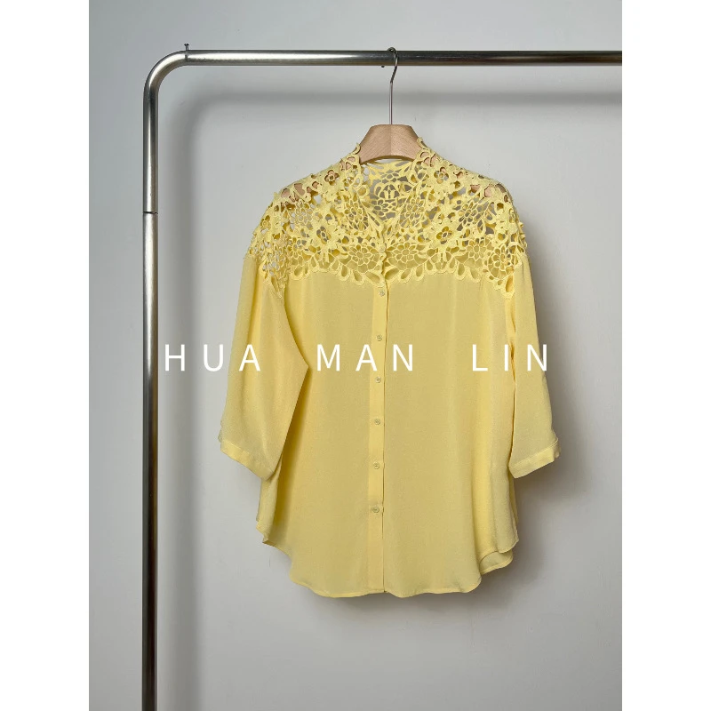 【花滿林】刺绣镂空立领30姆米重磅鬼绉桑蚕丝时尚上衣6991