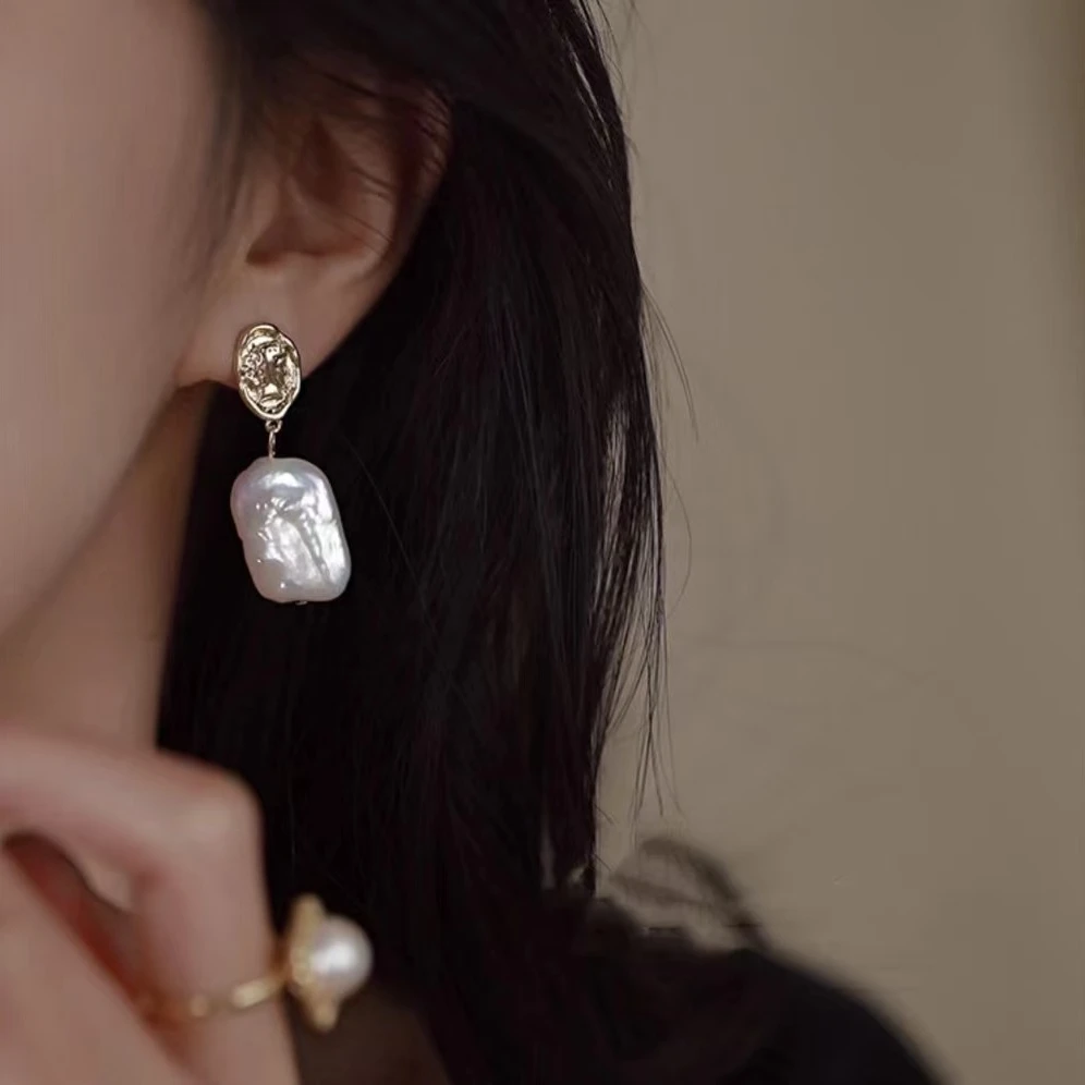 天然珍珠巴洛克方牌耳坠小众气质耳环法式时尚轻奢高级感LH0529