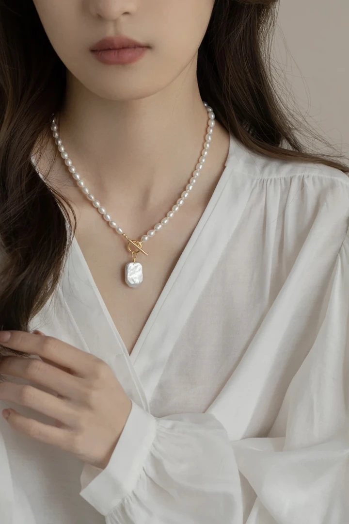 天然淡水珍珠OT扣方形巴洛克吊坠时尚气质百搭颈饰锁骨链A-LH0544