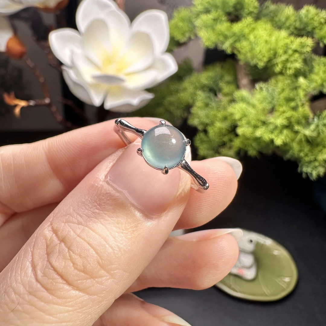 蛋面戒指天然翡翠A货精美冰透轻奢尺寸开口多样性发其一银戒