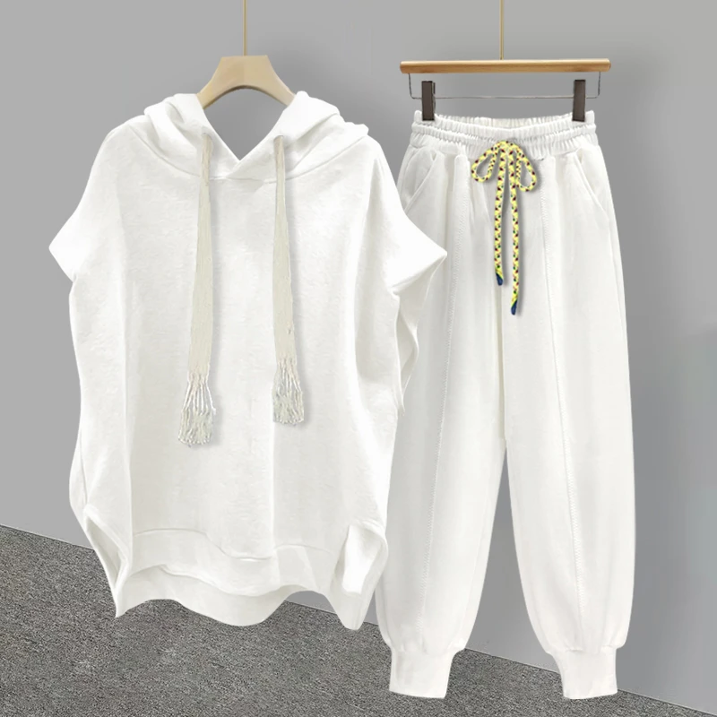 夏季新款连帽无袖T恤套装男潮流帅气韩版宽松百搭休闲束脚裤纯色
