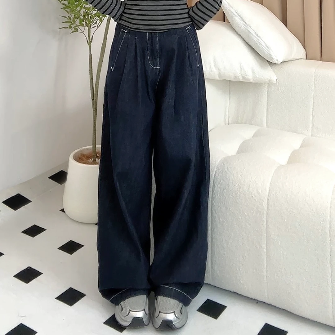 秋冬原牛丹宁蓝色牛仔裤女宽松高腰显瘦垂感高腰窄版阔腿裤慵懒感