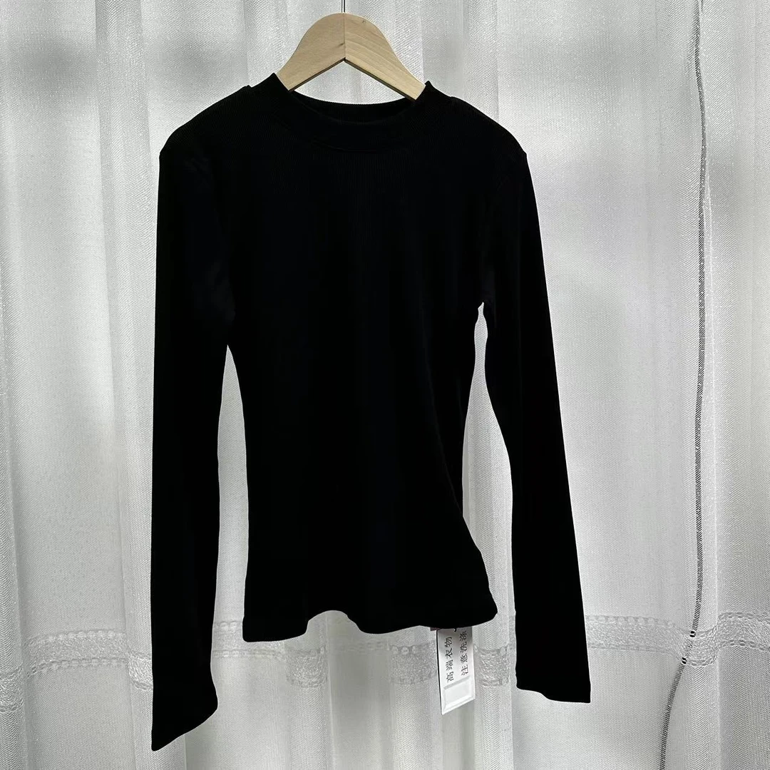 修身显瘦百搭刺绣黑色长袖打底T恤