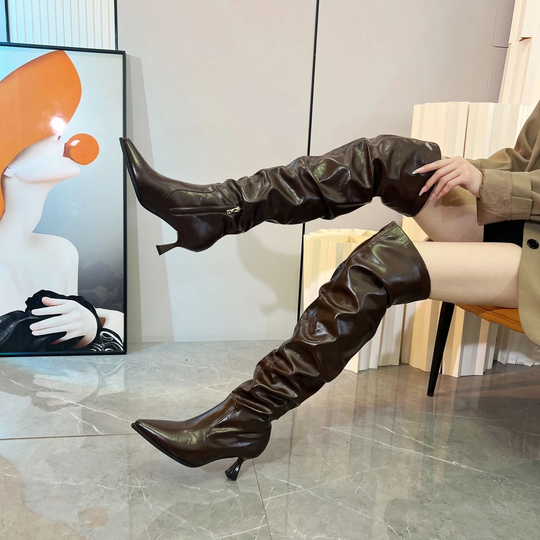 褶皱时尚新款尖头侧拉链百搭细跟过膝靴女堆堆靴2024冬款011756