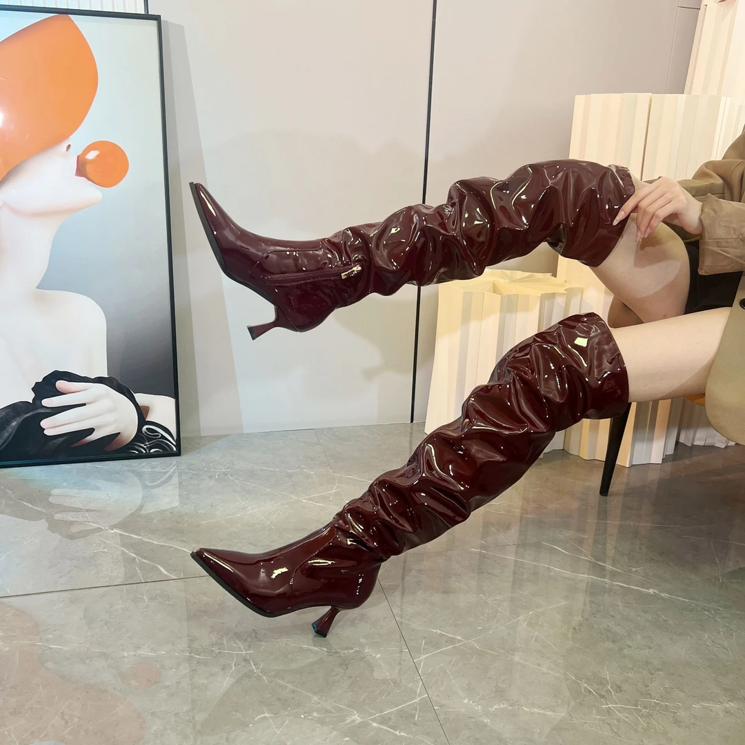 时尚褶皱堆堆靴小个子百搭小众气质粗跟过膝靴女2024款071328-21