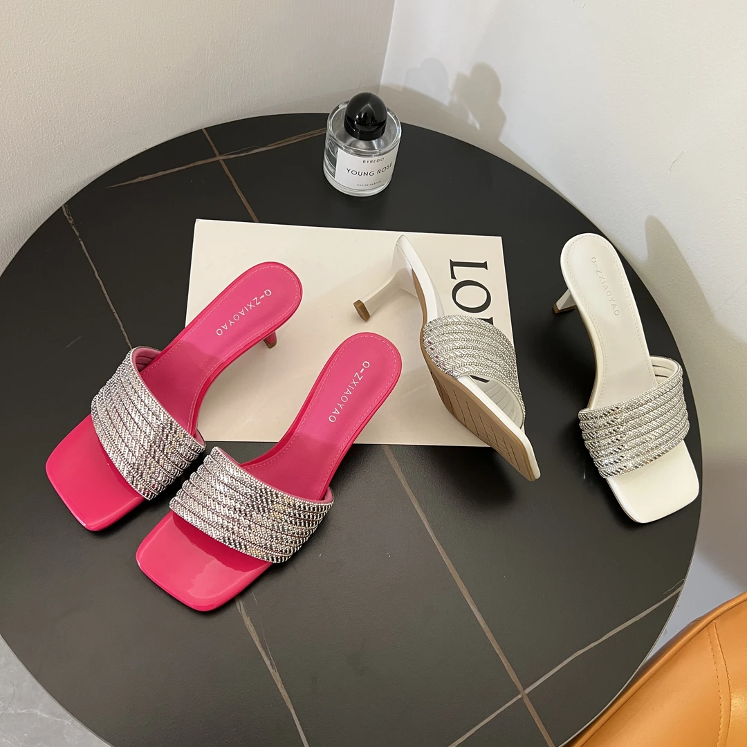 时尚气质水钻方头亮皮百搭小众细高跟拖鞋女2024夏新款031989