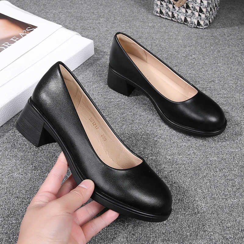 工作鞋女黑色工装鞋上班职业皮鞋软底舒适通勤鞋粗跟单鞋高跟女鞋