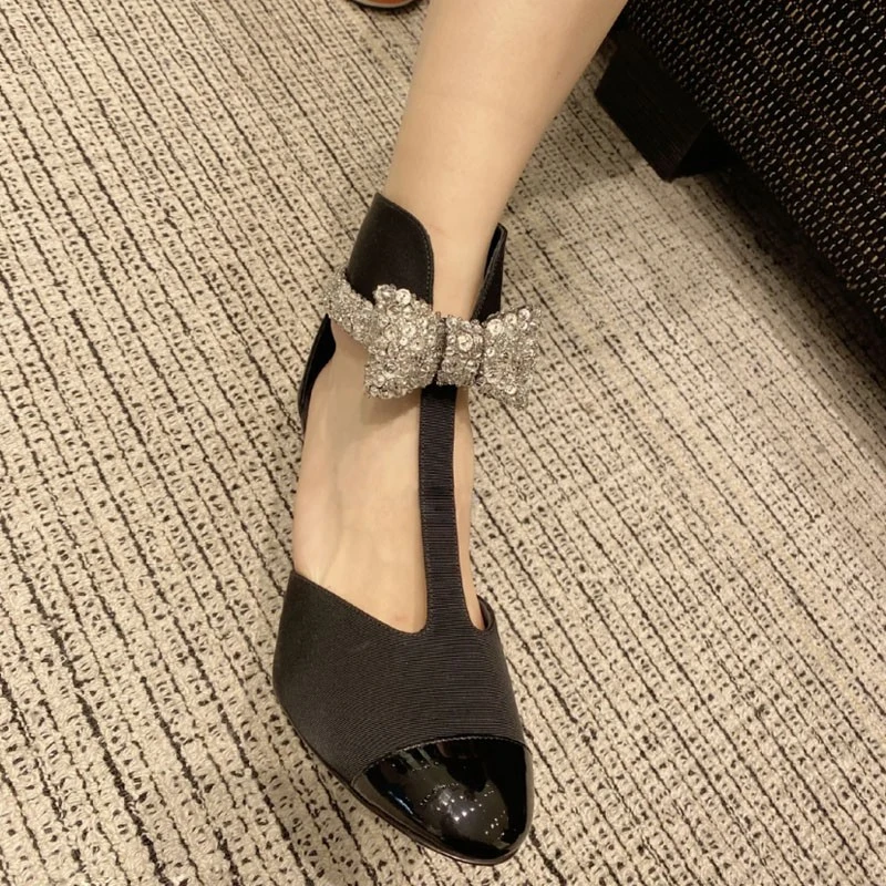 2025春夏新款蝴蝶结亮片水钻粗跟高跟小香风玛丽珍一字带单鞋女