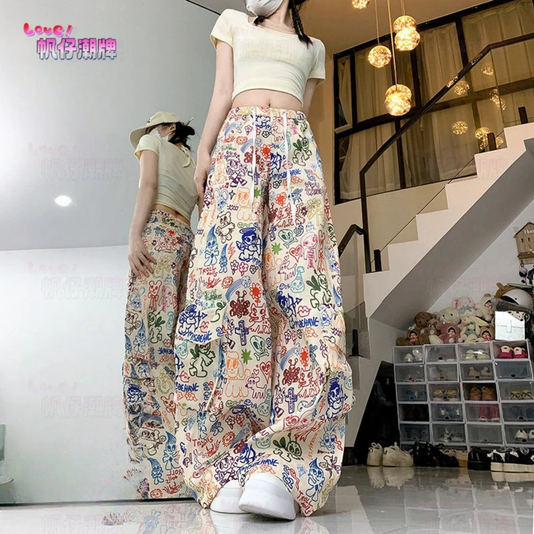 高街美式春秋涂鸦工装女帅气超酷炸街超显瘦垂坠感阔腿秋装