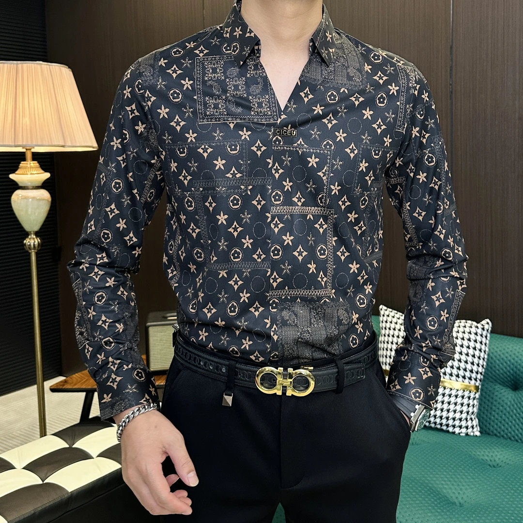 【珍珍男装】男士欧货2025休闲百搭秋季字母提花V领显瘦长袖衬衫