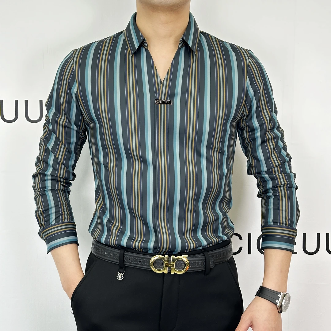 男士加绒加厚时尚撞色条纹百搭显瘦V领长袖衬衫