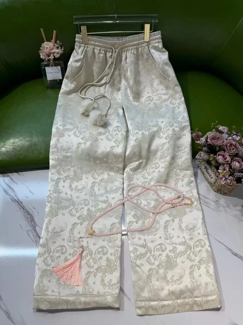 【曲禾】提花抽绳松紧腰头夹棉阔腿裤