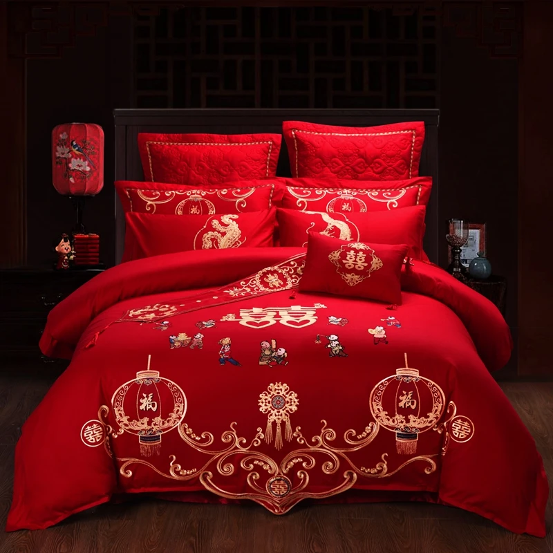 【送福百子】全棉纯棉婚庆四件套大红色刺绣花结婚六床上用品喜庆
