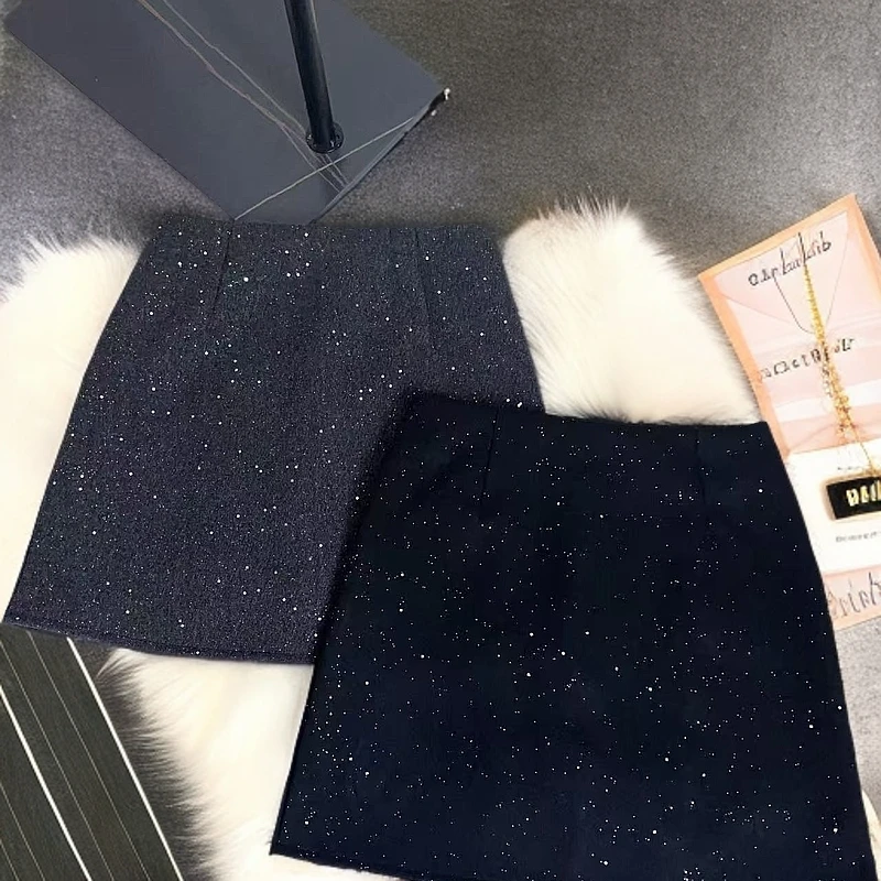 毛呢短裙女秋冬新款A字半身裙显瘦百搭遮胯包臀星空裙
