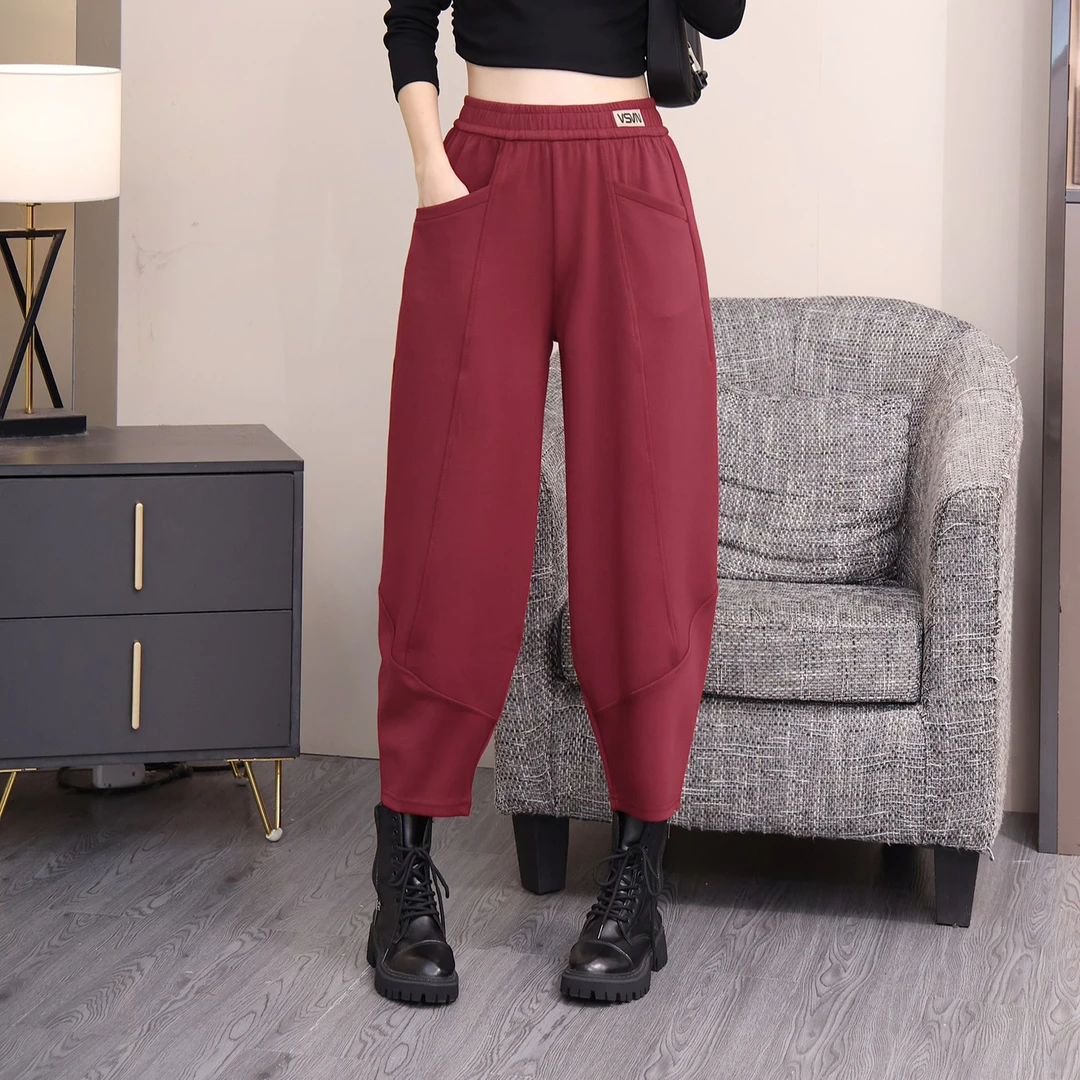 秋冬加绒加厚休闲裤中年女裤百搭洋气哈伦裤保暖高腰弹力裤子