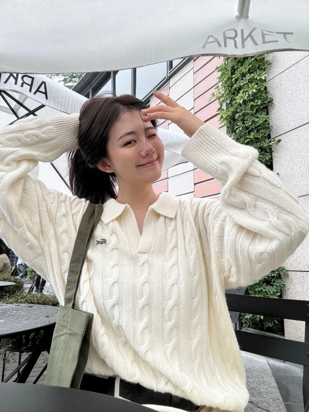 『桃子家015』鳄鱼贴布麻花纹polo领毛针织衫休闲洋气翻领套头上衣