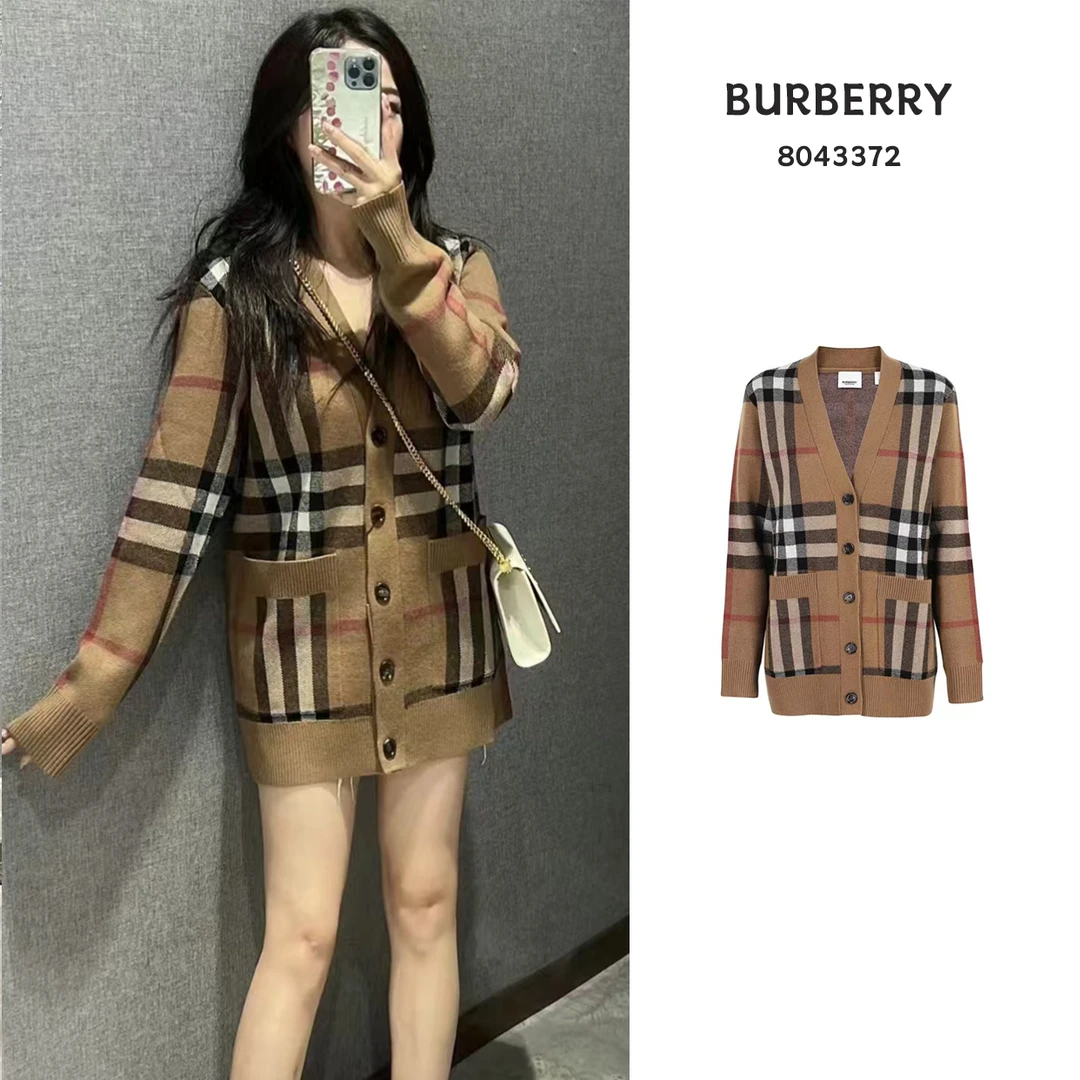 未使用 BURBERRY/博柏利 格纹针织V领字开衫混纺提花8043372