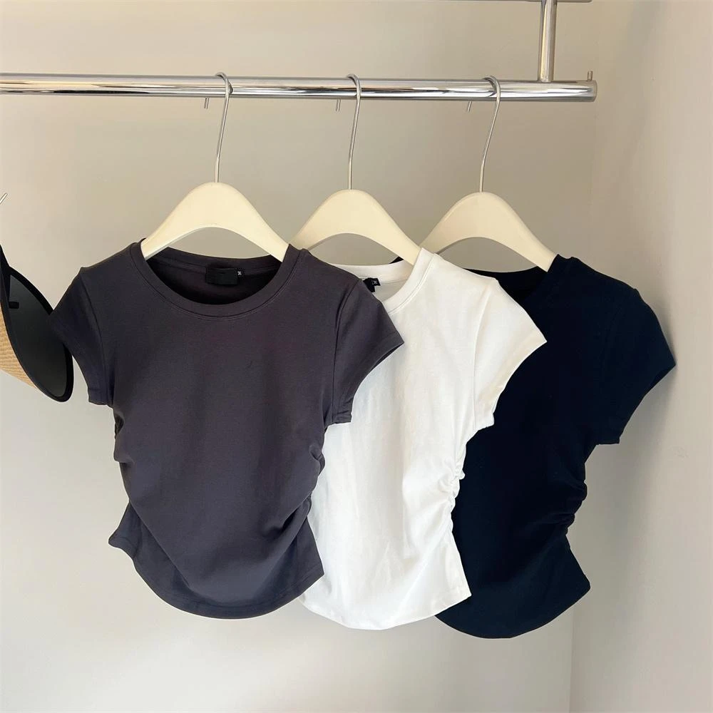 辣妹不规则正肩显瘦打底短袖T恤女夏季设计感收腰修身短款上衣潮