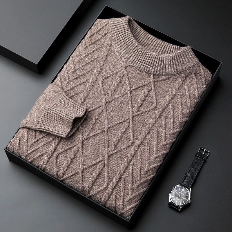 100%纯羊毛衫男士冬季套头半高领毛衣加厚保暖纯色打底针织衫男款
