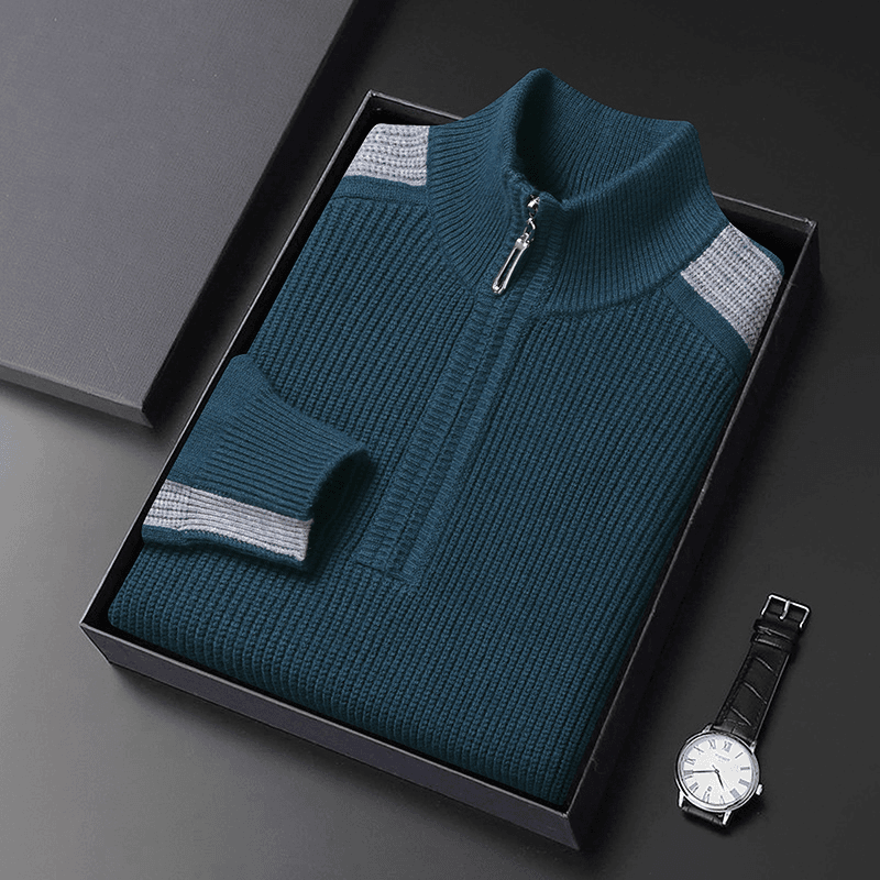 高档男士100%纯羊毛衫商务针织拼色半高领拉链冬季中年针织衫毛衣