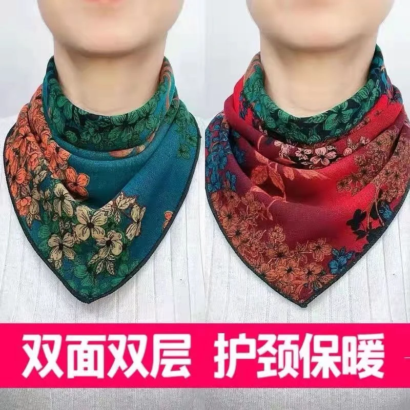 【双面双花三角巾】保暖时尚护颈双排扣三角巾时尚百搭护颈懒人丝巾