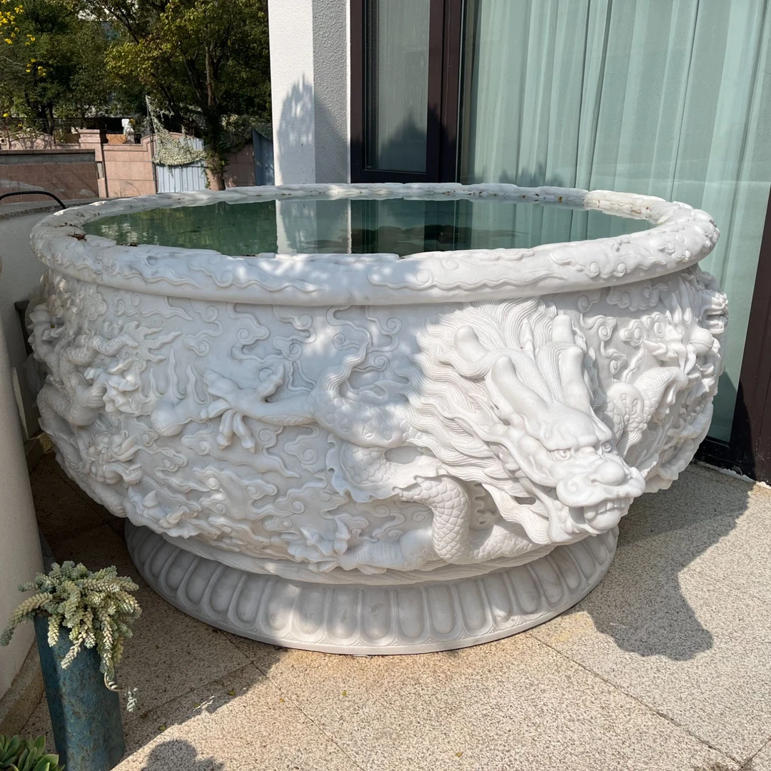 石雕鱼缸汉白玉九龙缸庭院室内外鱼缸花盆造景流水摆件