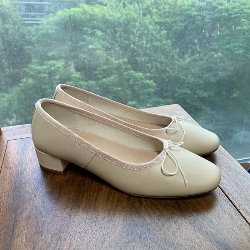 时尚真皮女鞋蝴蝶结浅口粗跟单鞋