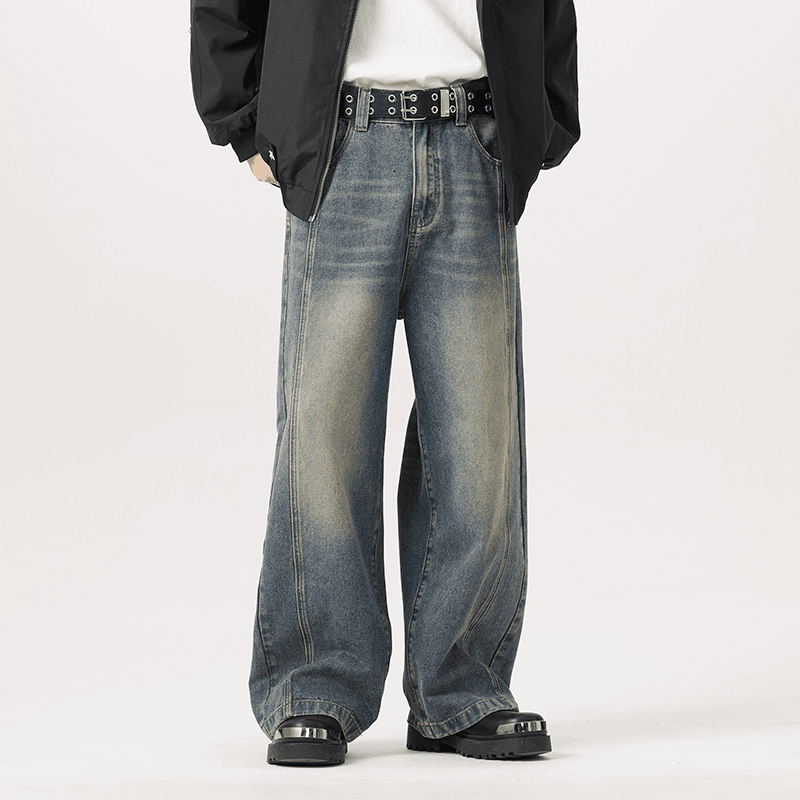 2023冬季美式潮流牛仔裤宽松拼接直筒裤怀旧拖地百搭美式牛仔裤