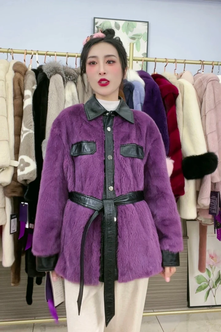 紫色机车款貂皮大衣女士皮草外套整貂洋气