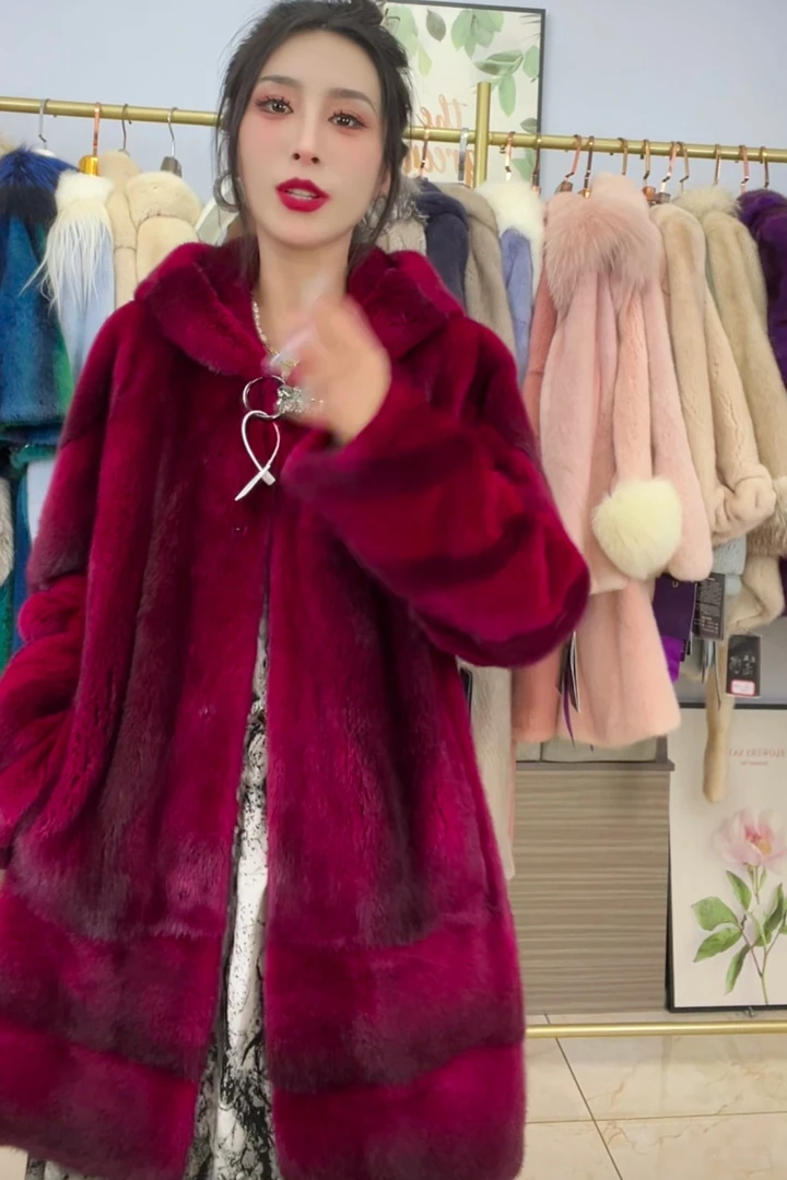 超美车厘子红天鹅绒貂皮大衣女士皮草外套连帽款