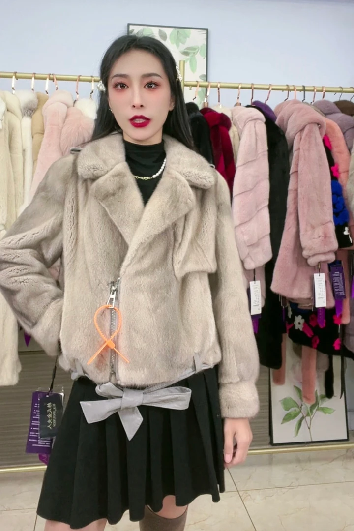 银兰色机车夹克短款貂皮大衣女士皮草外套