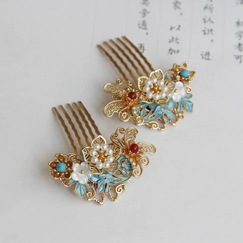 烧蓝发梳原创设计汉服发饰景泰蓝掩鬓古风中国风明制汉服头饰钗子